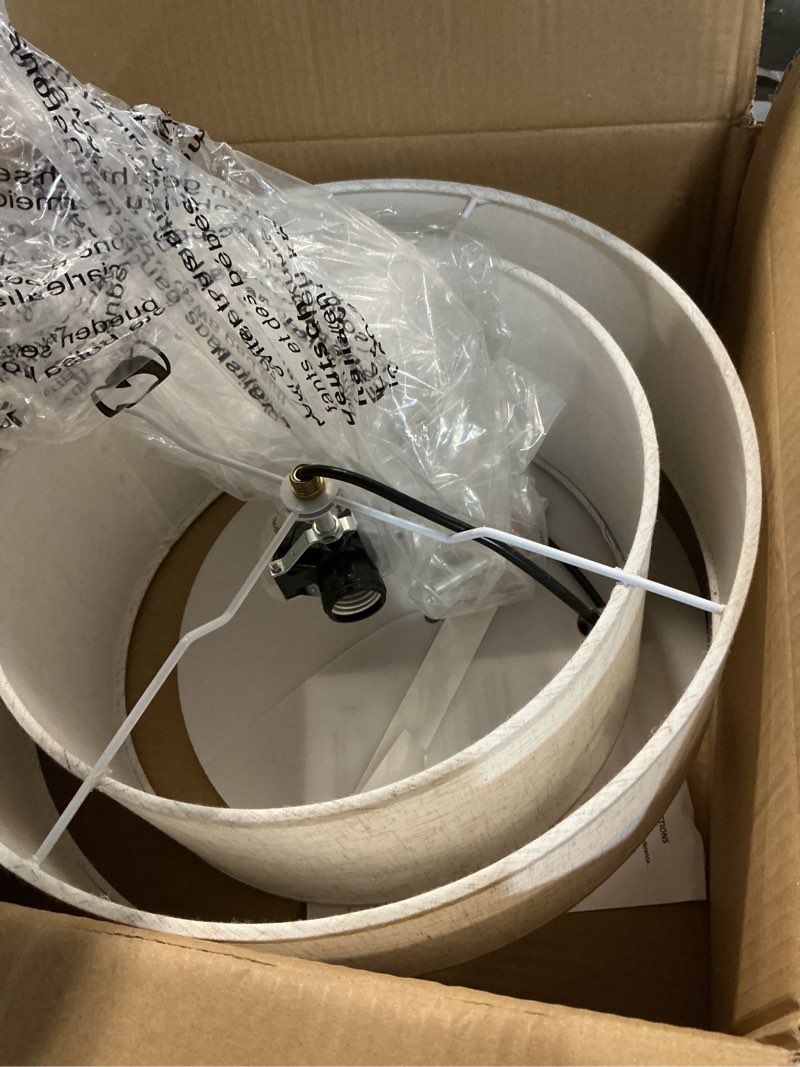 Condition photo showing As Is for 16" Double Drum Gold 3-Light Semi Flush Mount Ceiling Light, Classic Fabric Linen Shade Design for Living Room, Bedroom, Kitchen, Dining Room, Hallway and Entryway Gold-Dual