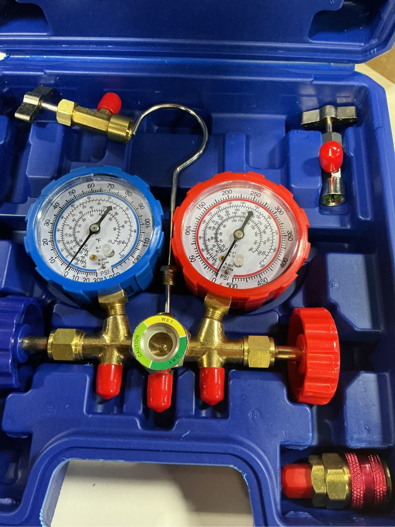 Condition photo showing Good Condition for orion motor tech 3 way ac diagnostic manifold gauge set for freon charging, fits r134a r12 r22 and r502 refrigerants, with 3ft hose, tank adapters, quick couplers and can tap
