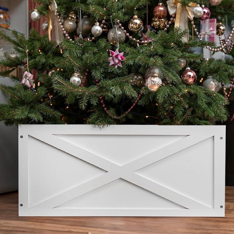 Christmas Tree Collar Box, 22" L White Wooden Tree Collar, Christmas Tree Stand Cover, Tree Skirt Box for Below 8ft Christmas Tree Decoration