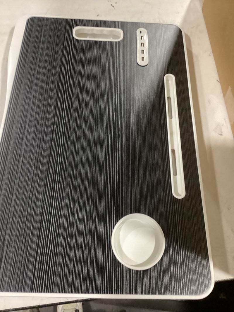 Condition photo showing As Is for laptop bed table, laptop desk for bed, foldable laptop bed desk with usb charge port, handle, desktop card slot, cup slot, side drawer, portable laptop table for bed eating reading working black