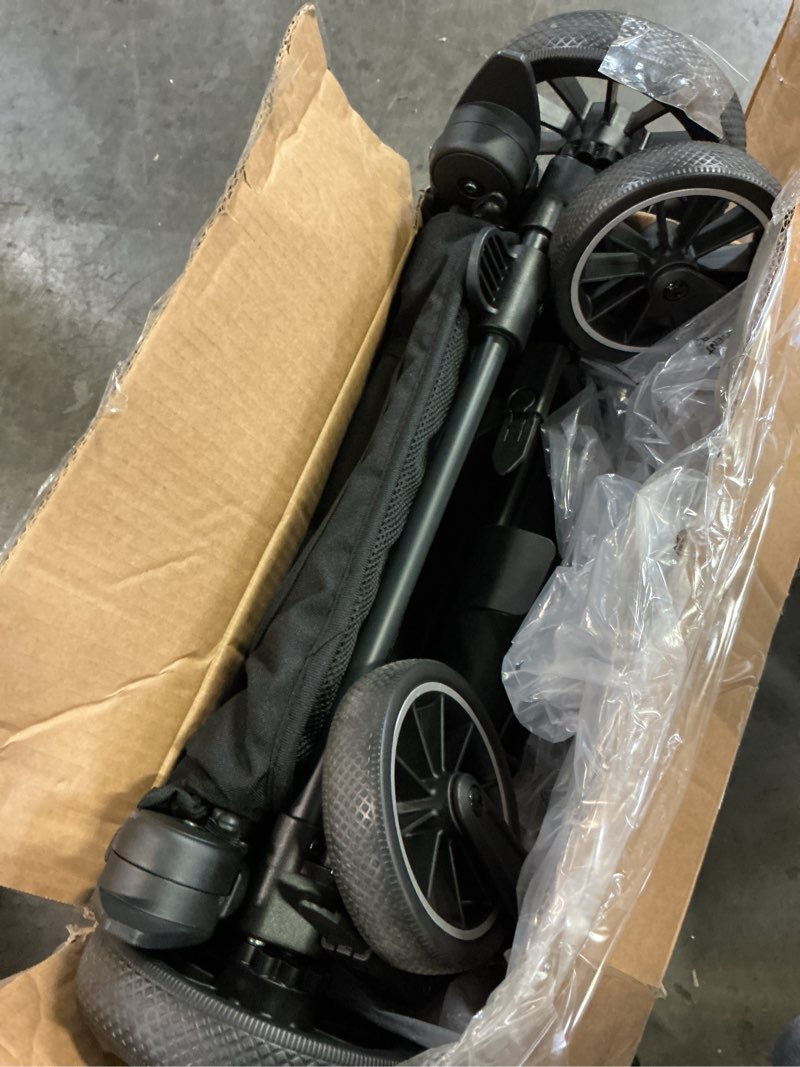 Condition photo showing As Is for britax juniper compact on-the-go stroller, effortless fastpack system with one-hand rapidfold, portable & lightweight for travel, built-in carry handle, ventilating fabrics, raven black raven black juniper