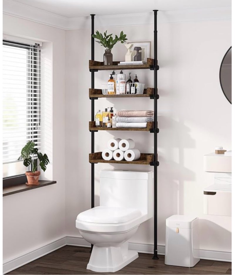 allzone bathroom organizer, over the toilet storage, 4-tier adjustable wood shelves for small rooms, saver space rack, 92 to 116 inch tall, narrow cabinet, rustic brown