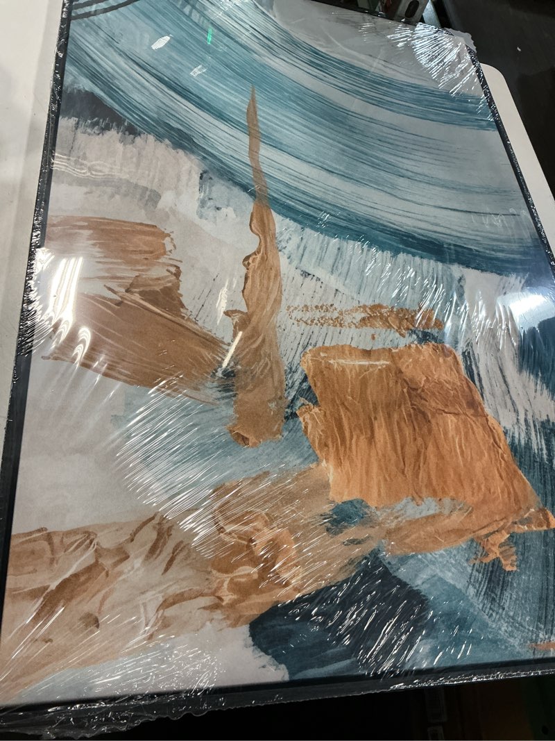 Condition photo showing Good Condition for Large Framed Blue and Gold Abstract Wall Art for Living Room, 3 Piece Modern Canvas Prints Paintings Artwork for Walls, Minimalist Elegant Pictures for Dining Bedroom Hallway Lounge Wall Decor 24x36 In 24" W x 36" H x 3Pcs Teal and Gold Tone