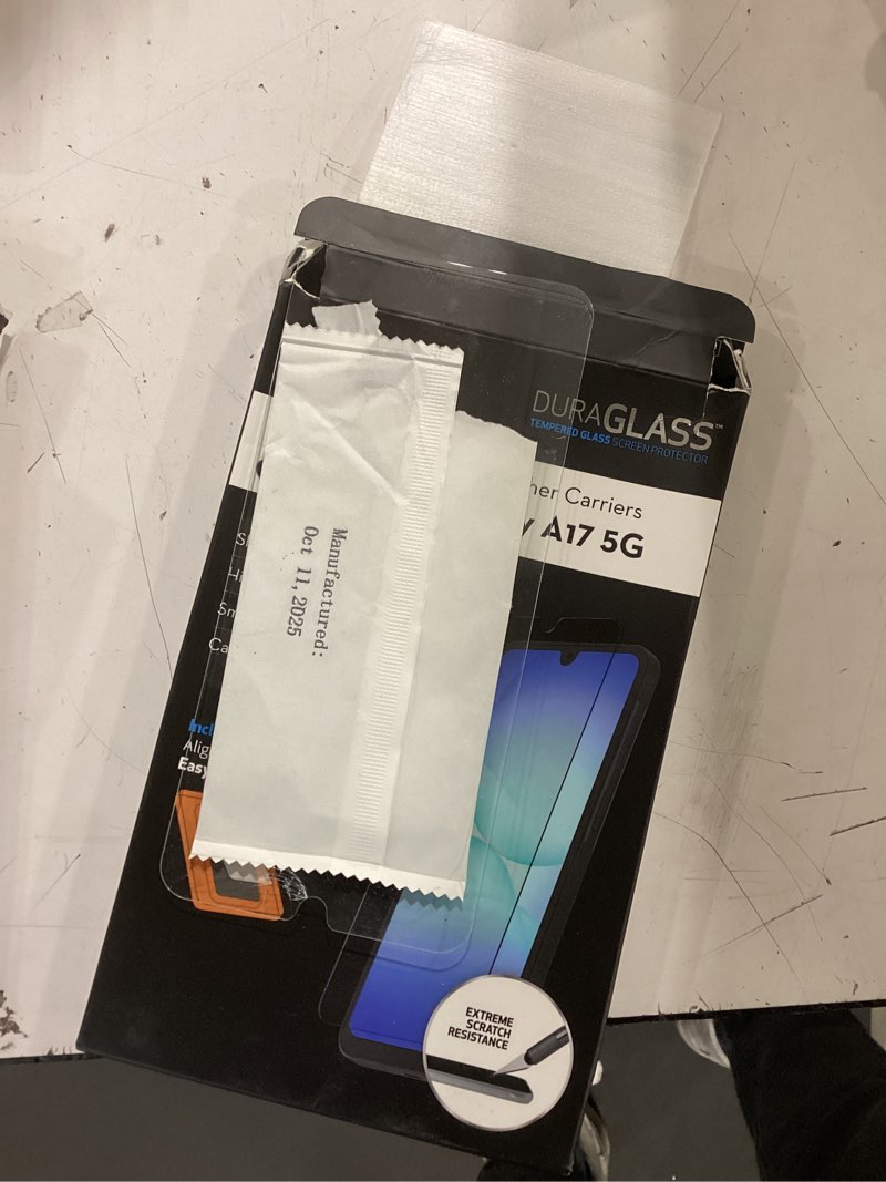 Condition photo showing As Is for duraglass tempered glass screen protector with quick installation tray for samsung galaxy a17 5g