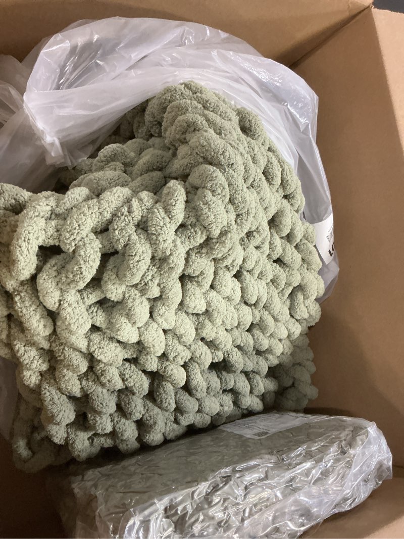 Condition photo showing Good Condition for Admitrack Chunky Knit Blanket Throw, 100% Hand Knit Chenille Throw Blanket for Sofa & Home Decor, Soft and Cozy Knitted Throw Blankets (Sage Green?40\"x50\") Sage Green 40\"×50\" 2 pcs 