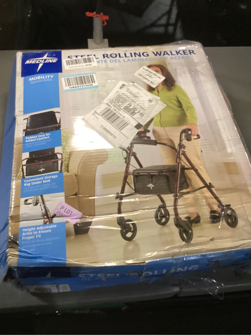 Condition photo showing Good Condition for medline steel rollator walker with seat, burgundy, 350 lb. weight capacity, 6” wheels, foldable, adjustable handles, rolling walker for seniors, walker for mobility impaired