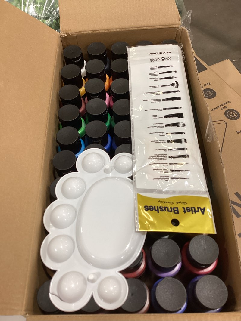 Condition photo showing As Is for acrylic paint set - 50 colors 2 oz/59 ml acrylic paints for professional artists with 10 brushes , art supplies for painting canvas rock wood ceramic glass art craft painting, rich pigments lasting quality for beginners, students & professional artist 2 fl oz (pack of 50)