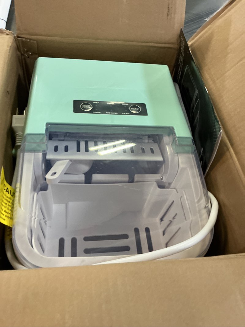 Condition photo showing Good Condition for NEWBULIG Ice Makers Countertop with Handle, Portable Ice Machine, 9 Bullet Ice Cubes in 6 Mins, 26lbs in 24Hrs, Auto-Cleaning, with Basket and Scoop, for Home, Kitchen, RV, Camping, Green Green Handle 12.5"*11.6"*8.8"