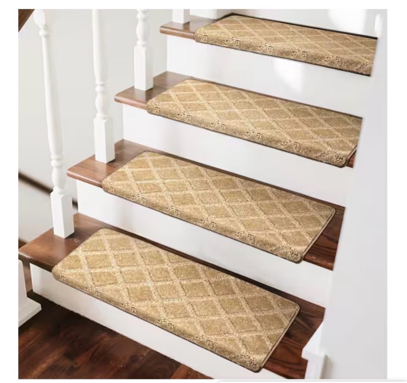 Diamond Trellis Khaki 9.5 in. x 30 in. x 1.2 in. Bullnose Indoor Non-slip Carpet Stair Tread Cover Tape Free (2 piece only) 