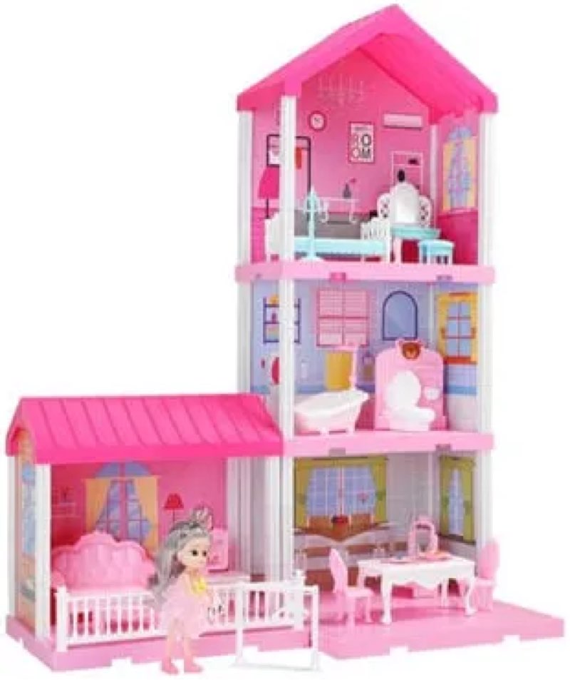 JUKUDAHU Pink Villa Playset for Girls Ages 3-7, 4-Story 10-Room House with 2 Dolls, Furniture & Accessories, Pretend Play Toddler Toy, Birthday Gifts for Kids 3-8