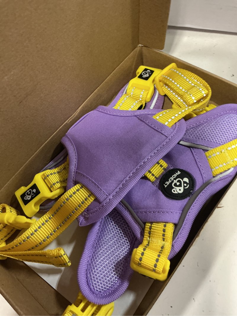 Condition photo showing New/Like New for phoepet no pull dog harness, unique colors reflective adjustable dog vest, with soft training handle metal clips for small medium large dogs (baby purple base & yellow straps,s) baby purple base & yellow straps s