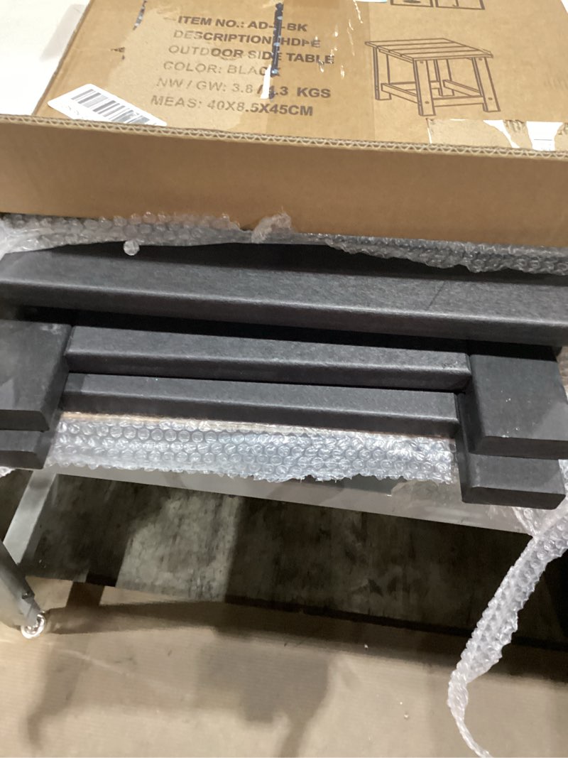 Condition photo showing Good Condition for lzrs square patio side table, heavy duty hdpe outdoor end table with wood texture, weatherproof composite table for adirondack chairs, deck, pool, indoor/outdoor, no peeling or cracking(black) a:square table black
