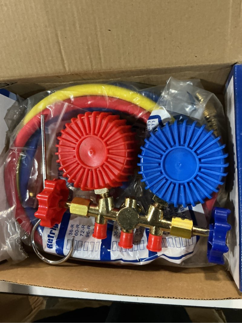 Condition photo showing Good Condition for ac recharge kit r134a, hvac gauges 3-way manifold set for r134a r12 r22 r502 – 4ft 3-color hoses, r410a adapter & 2 quick couplers, ac gauge set for auto & home, r22 refrigerant for home ac
