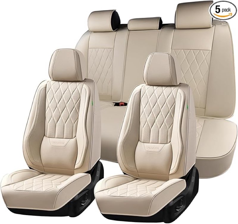 florich car seat covers full set waterproof nappa leather car seat cover front and rear car seat protector with lumbar support automotive seat covers universal fit for most car sedan truck suv, beige