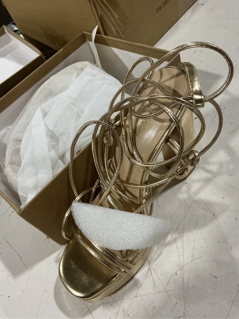 Condition photo showing Good Condition for elisabet tang women's strappy heeled sandals, 5 inch platform heels chunky lace up high heels open toe party shoes 7.5 gold