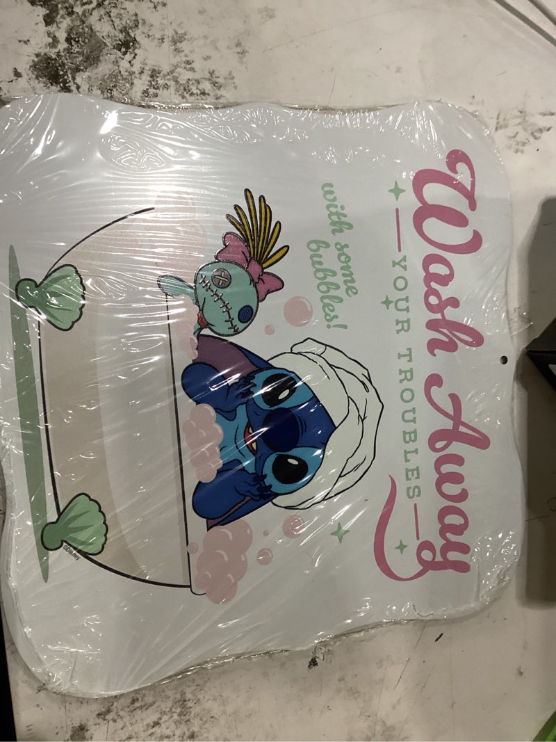 Condition photo showing New/Like New for disney lilo and stitch wash away your troubles with bubbles metal sign | cute stitch wall decor for bathroom white