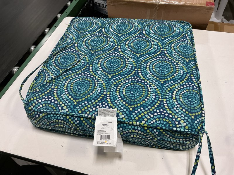 Condition photo showing Good Condition for style selections 20-in x 20 x 4-in teal medallion patio chair cushion