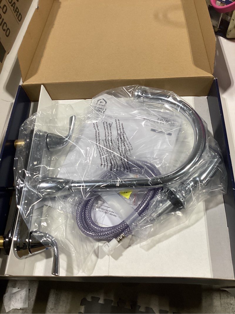 Condition photo showing As Is for everfield chrome 2-handle high-arc kitchen faucet (deck plate included)