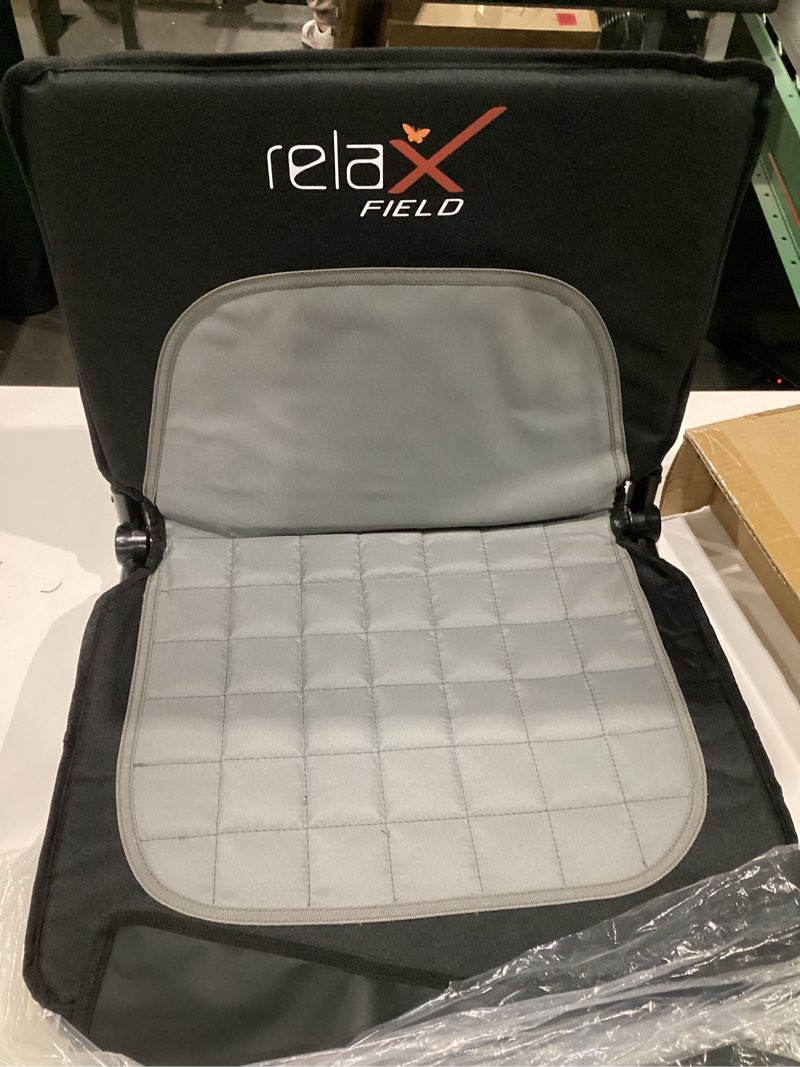 Condition photo showing Good Condition for Stadium Seats with Back Support and Cushion, Folding Stadium Chair Includes Shoulder Strap and Cup Holder, Portable Bleacher Chairs for Sports Events Black