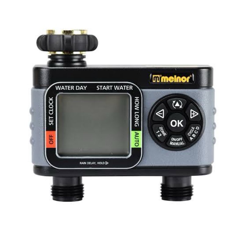 Melnor HydroLogic digital timer features a large, easy-to-read LCD screen for scheduling watering times.