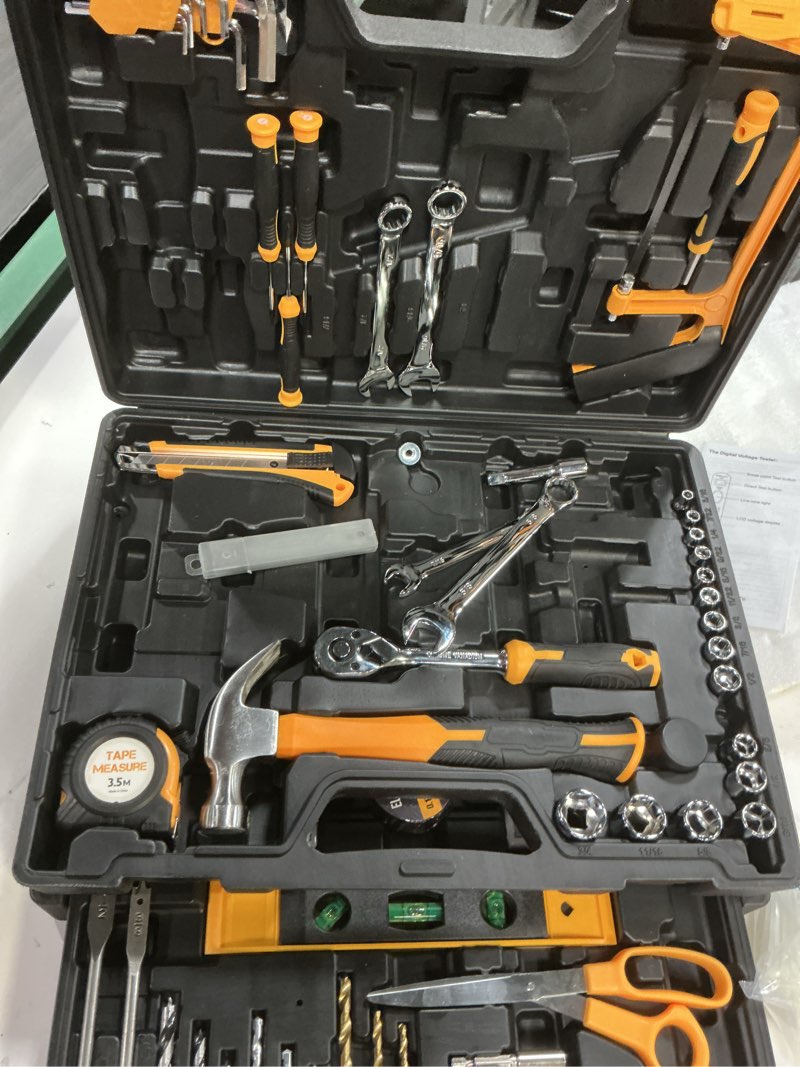 Condition photo showing As Is for (incomplete, missing pcs)tool set- 412 piece home repair/auto tool kit, storage organizer with drawers, toolbox storage case for women & men, perfect for homeowner, diyer, handyman, diy- yellow