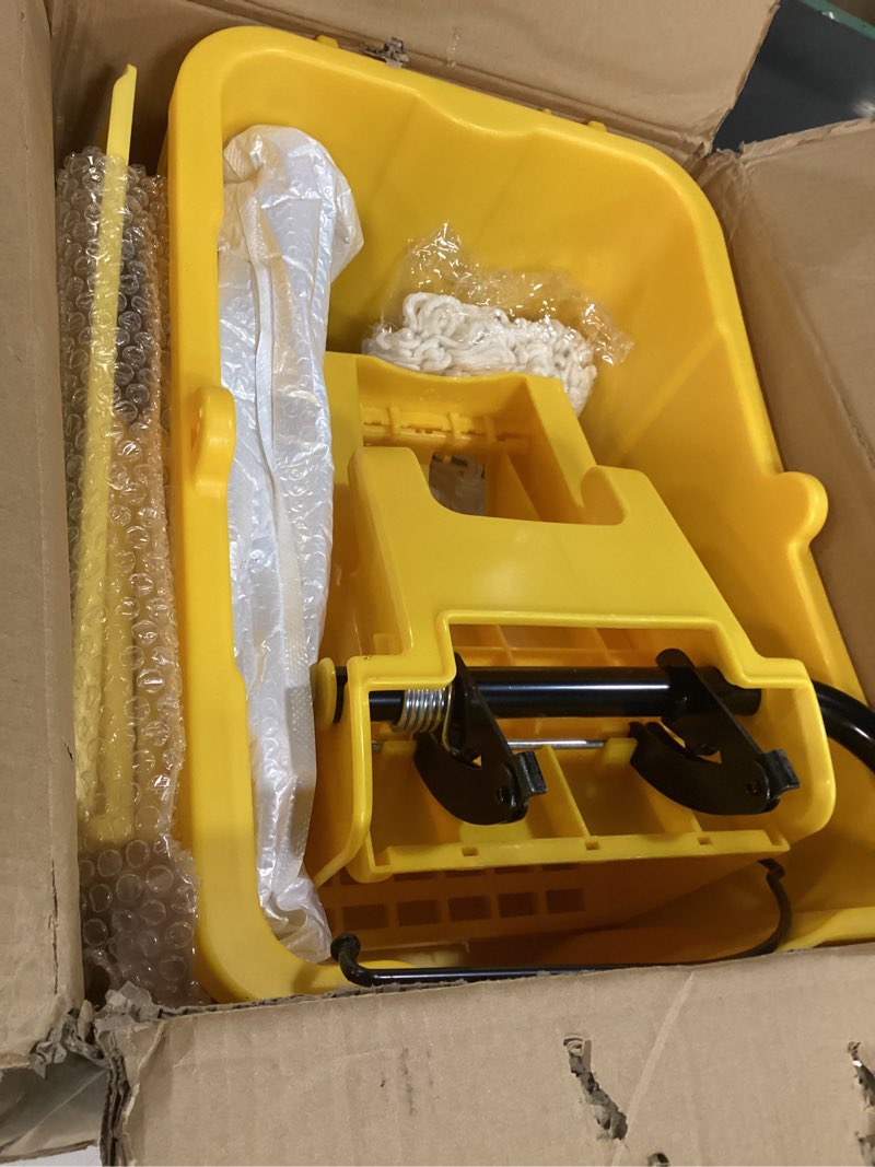Condition photo showing Good Condition for side press wringer combo commercial mop bucket on wheels, 35 quart,yellow, including wet floor caution sign?24inch? and one industrail mop