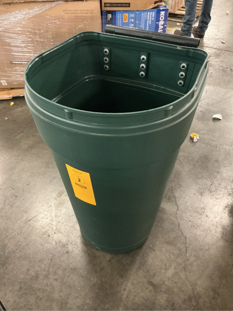 Condition photo showing As Is for project source 50 gallon green plastic wheeled outdoor hinged lid trash can