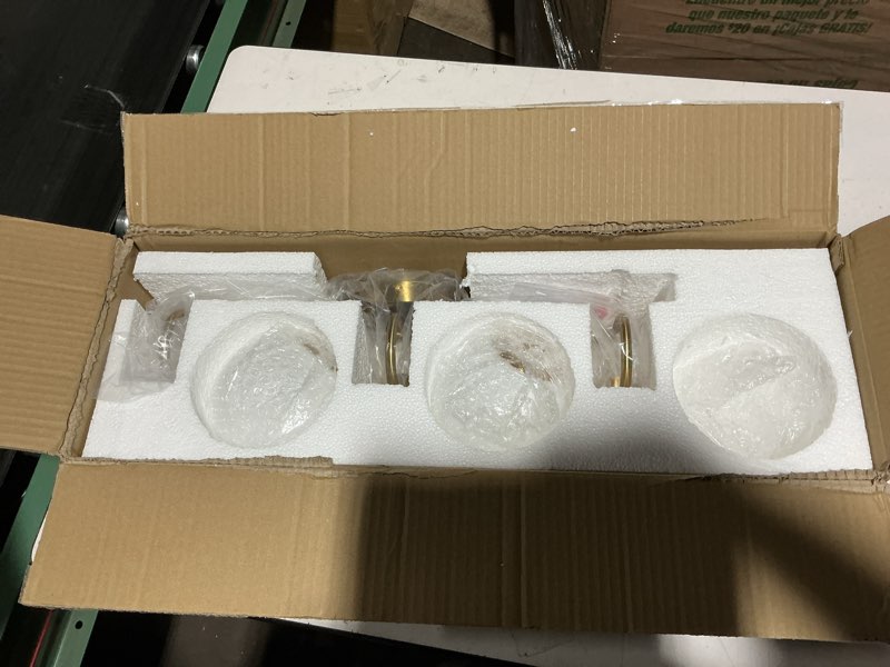 Condition photo showing As Is for modern bathroom vanity light fixtures 3 lights brushed brass frame and milk white glass globe shade modern wall sconce lighting bath vanity lights bar over mirror (exclude g9 bulb) brushed brass 3 lights