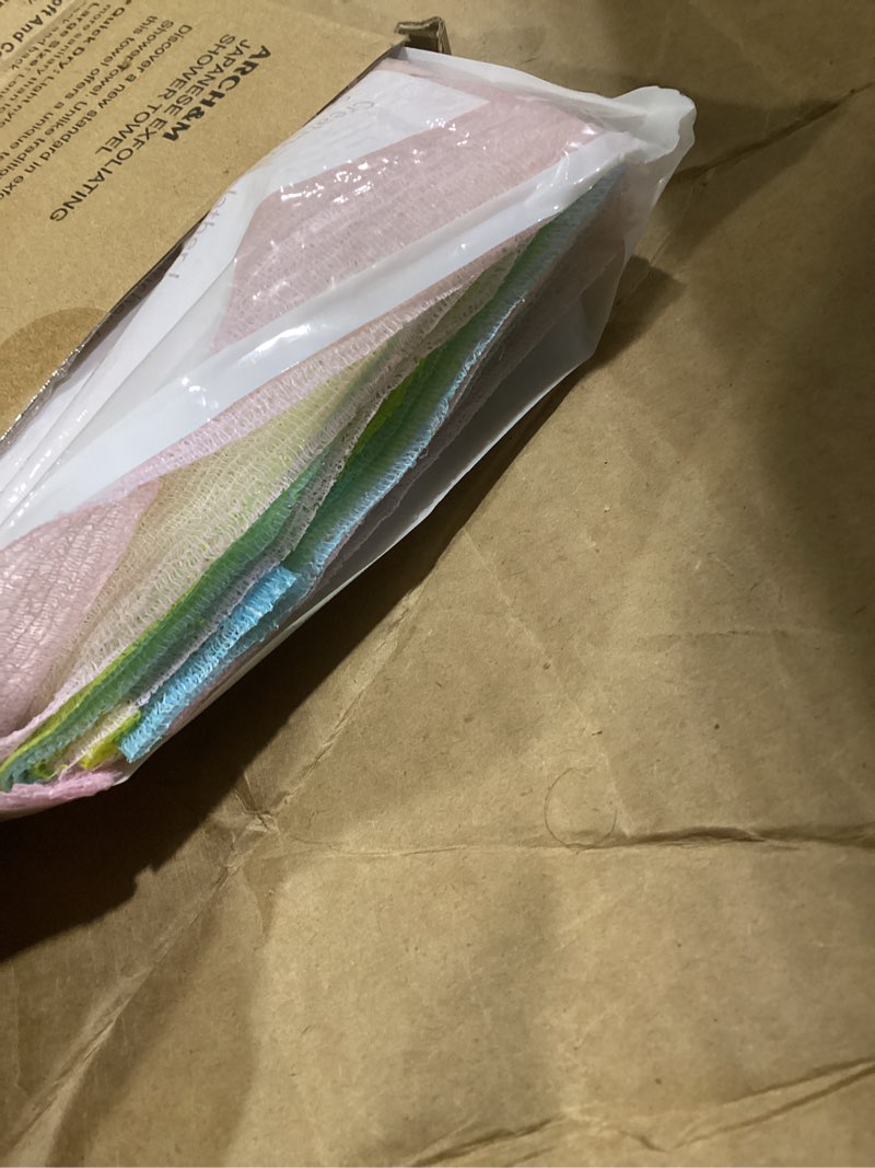 Condition photo showing Good Condition for ARCH&M Exfoliating Washcloth Body Scrubber Back Scrubber for Shower Japanese Beauty Washcloth Bath Wash Cloth Korean Exfoliation Luffah Towel Net Sponge Loofah Body Scrub 3 Pack Red Yellow Blue