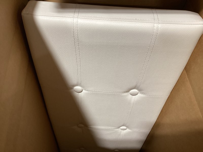 Condition photo showing Good Condition for songmics mazie collection - 43 inches folding storage ottoman bench, ottoman with storage, foot rest stool, load 660 lb, for living room, synthetic leather, white ulsf702 white 15"d x 43"w x 15"h