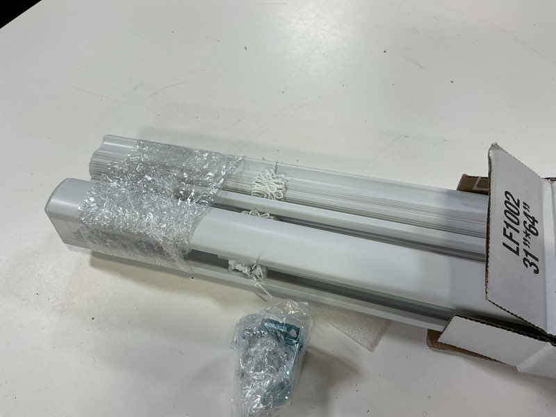 Condition photo showing As Is for project source light filtering 1-in slat width 31-in x 64-in cordless white vinyl light filtering mini-blinds