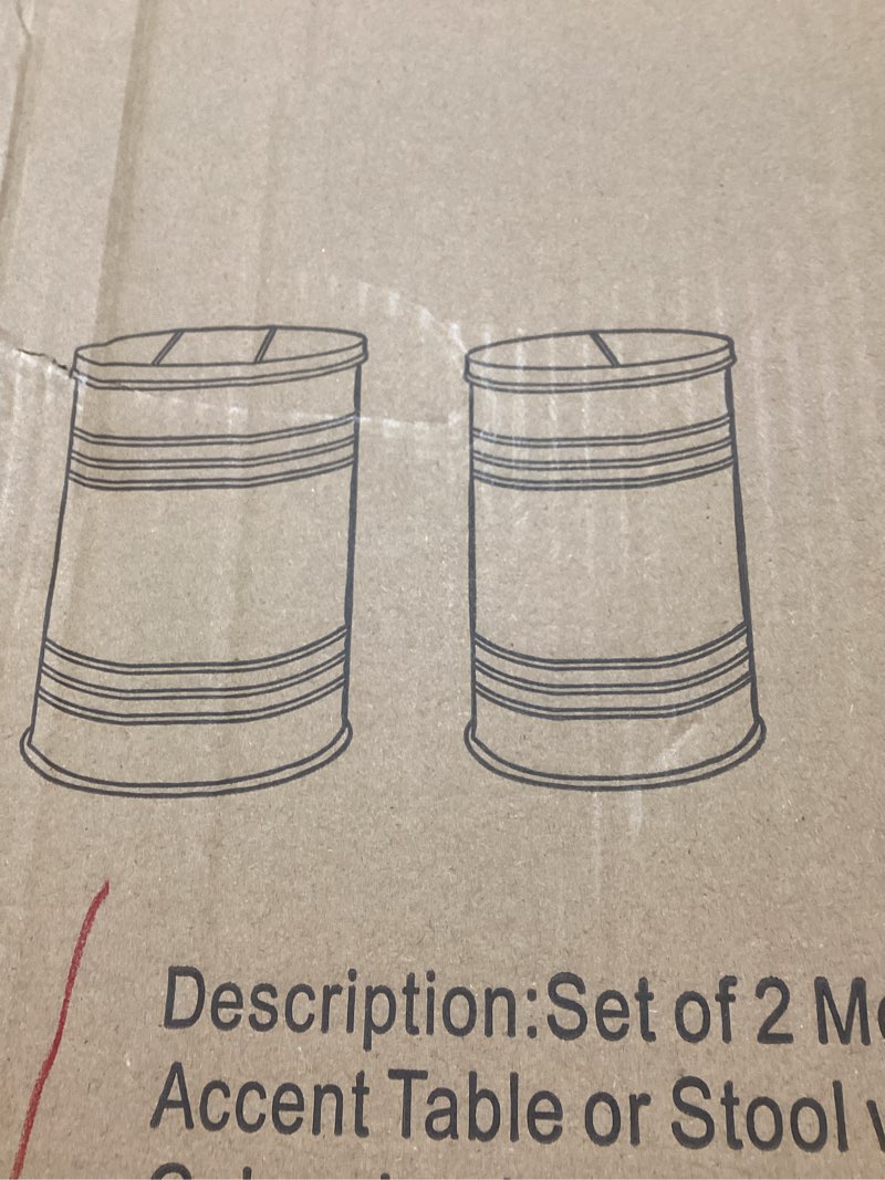 Condition photo showing New/Like New for Glitzhome Rustic End Table Set of 2, Farmhouse Galvanized Metal Barrel Ottoman Storage Stool with Round Wood Lid for Living Room Furniture, Grey