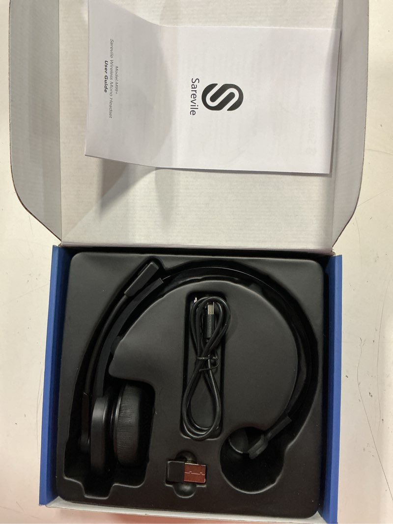 Condition photo showing New/Like New for sarevile bluetooth headset with usb dongle for computer, single-ear wireless headset with noise cancelling microphone for office & truckers, bluetooth v5.2 with mute button for work black