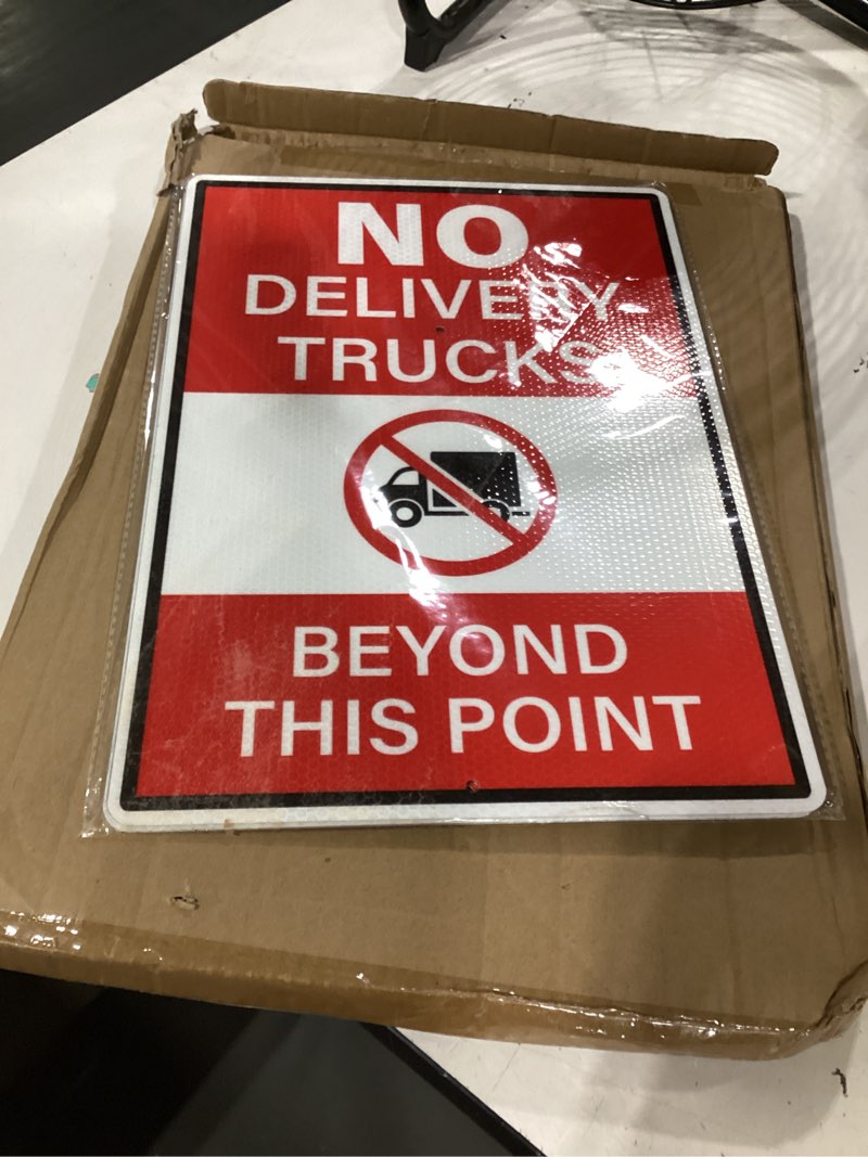 Condition photo showing Good Condition for 14" × 10" no delivery trucks beyond this point signs with stake reflective aluminum 2 pack rust free metal no trucks signs for driveway road yard outdoor
