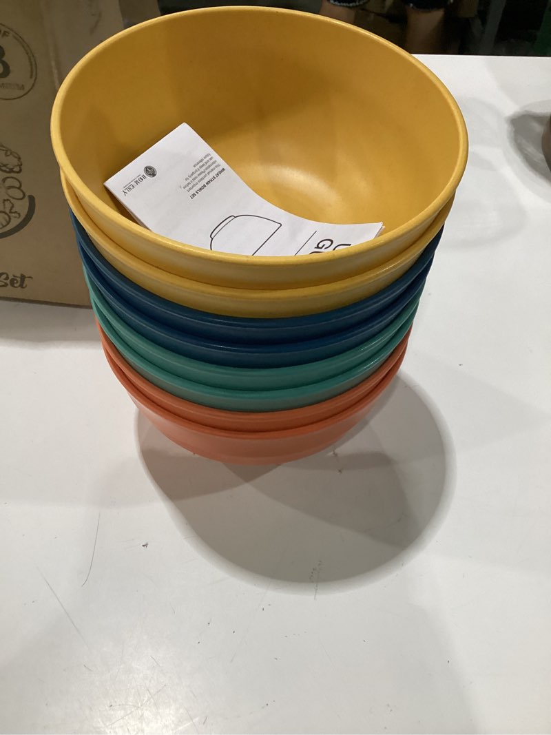 Condition photo showing Good Condition for homienly large bowls, 60 oz salad bowls, large cereal bowls, 8pcs unbreakable wheat straw serving bowls for pho, popcorn, soup & oatmeal, microwave & dishwasher safe for kitchen, camping (multi) multicolor 60 oz