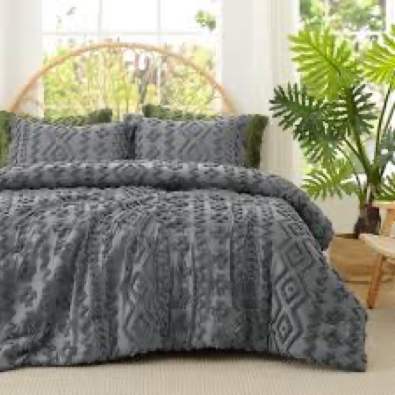 amélie home king comforter set, 3 piece grey bedding set, soft cozy jacquard with elegant windowpane