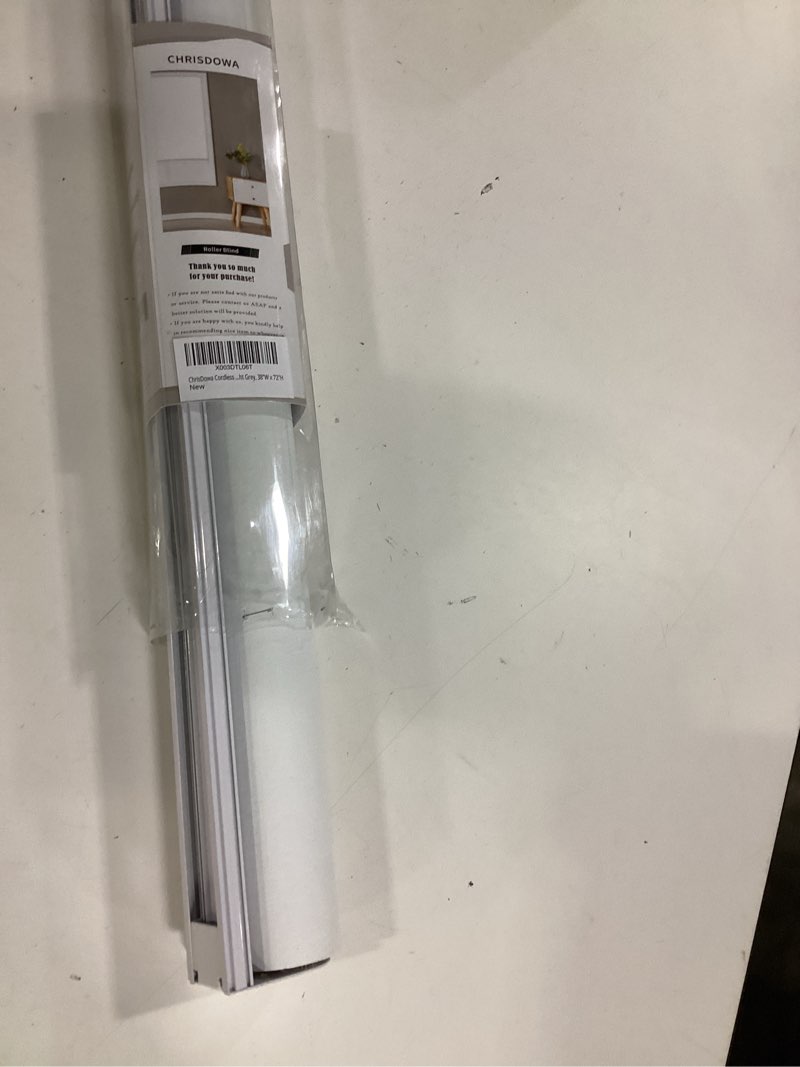 Condition photo showing As Is for chrisdowa cordless 100% blackout roller shade, with striped jacquard, thermal insulated, uv protection fabric, total blackout blinds for window, french doors, home and office. light grey, 38"w x 72"h 38"w x 72"h light grey