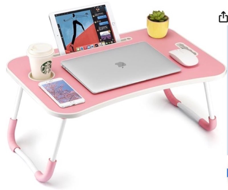 fisyod foldable laptop table, portable lap desk bed table tray, laptop stand with cup holder & tablet slot & lifting handle for working writing drawing & eating (pink)