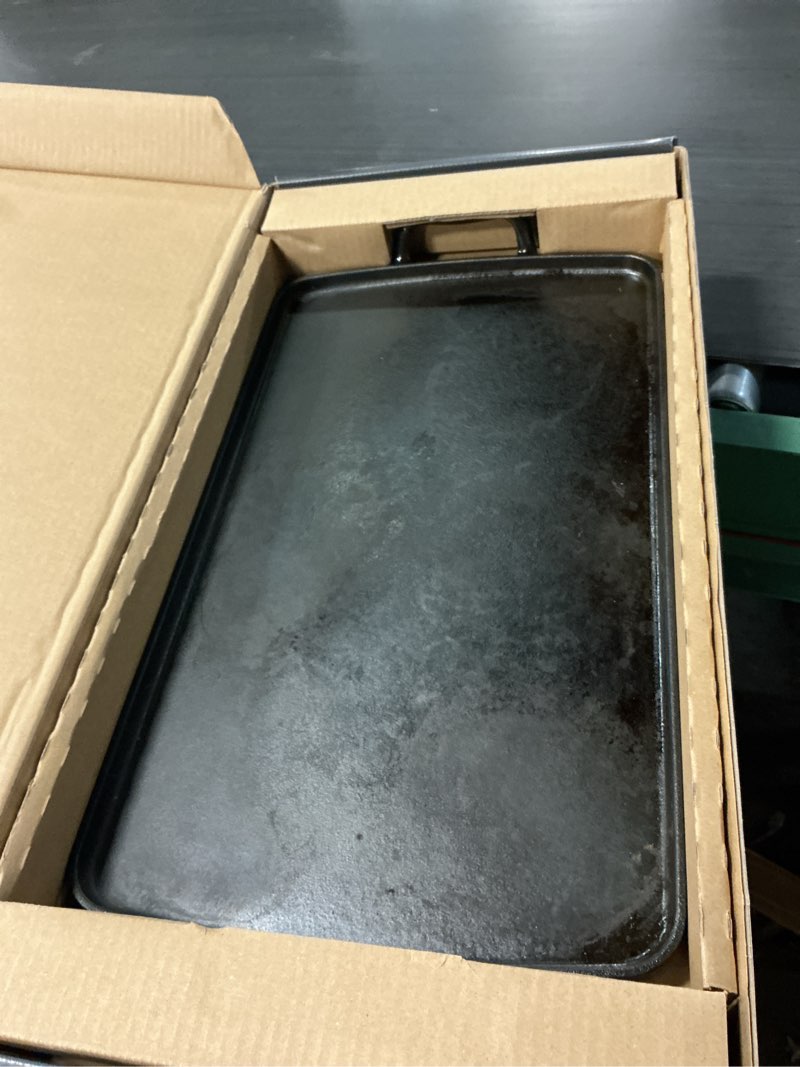 Condition photo showing As Is for all-clad enameled cast iron plancha grill – 11" x 19" flat top griddle pan, oven & broiler safe to 650°f, heavy-duty nonstick cookware for stovetop & grill, black 24.8" x 12.5" x 3" griddle