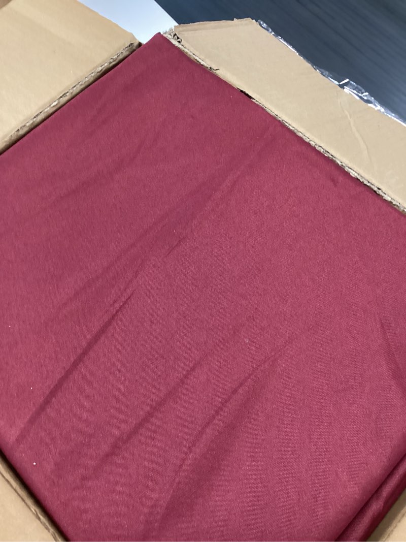 Condition photo showing As Is for fitable 6 pack burgundy round tablecloths - 120 inches in diameter - stain resistant and washable table clothes, polyester fabric table covers for wedding, party, banquet, formal events burgundy 120 in round, 6 pack
