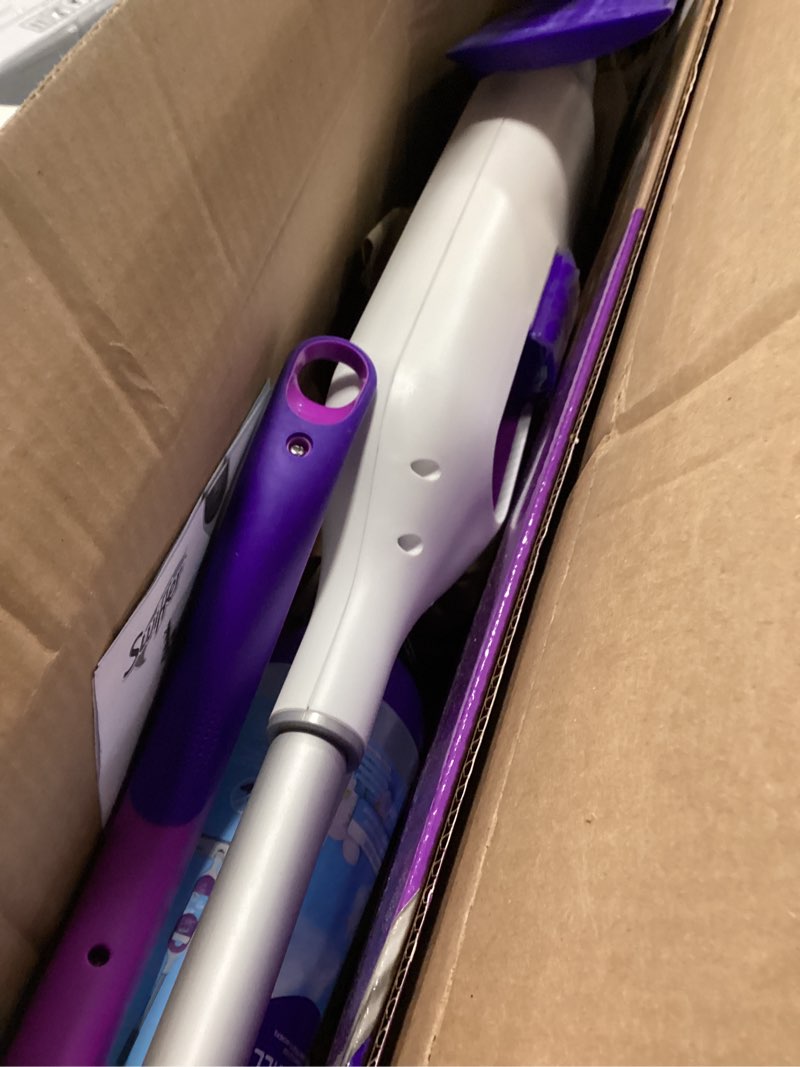 Condition photo showing Good Condition for swiffer powermop multi-surface mop kit for floor cleaning, fresh scent, mopping kit includes powermop, 2 mopping pad refills, 1 floor cleaning solution with fresh scent and 2 batteries purple and white