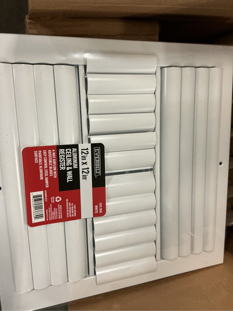Condition photo showing New/Like New for 12 in. x 12 in. 4-way aluminum adjustable curved blade wall/ceiling register in white