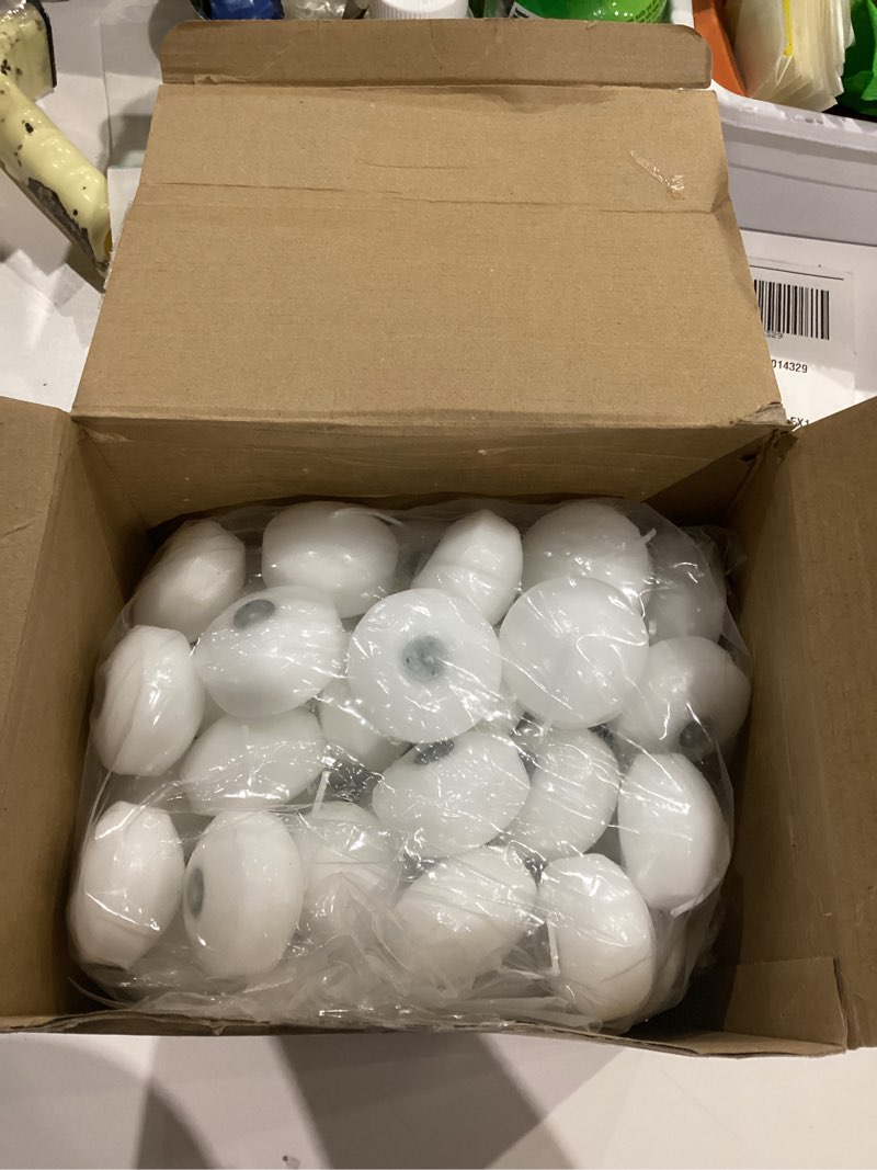 Condition photo showing As Is for Treela 80 Pcs 1.73 Inch Unscented Floating Candles, Dripless Tealight Candles Home Decorations, Cute and Elegant Burning Candles for Wedding Vases Centerpieces Party Accessories (White)