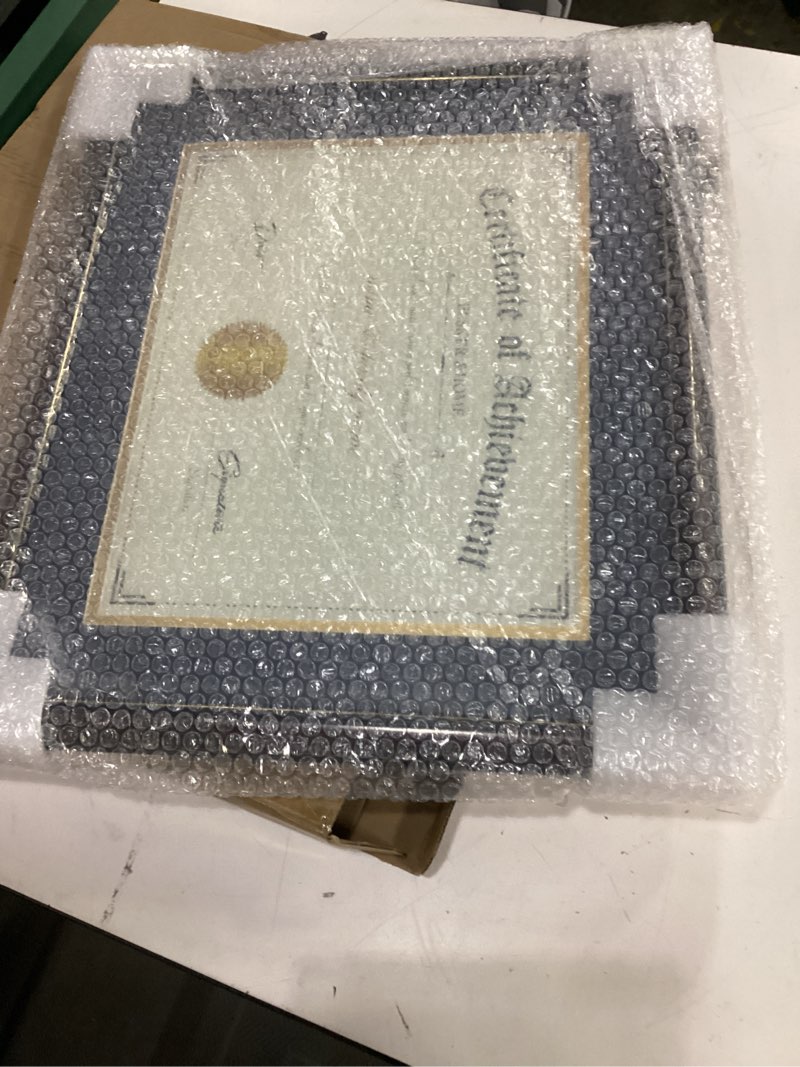 Condition photo showing Good Condition for elsker&home diploma frame - classic cherry wood color wide frame - only fits 11×14 document/certificate - acrylic plate - table top or wall mount display (double mat, navy mat with golden rim) mahogany+blue(golden rim) mat 11x14 with mat