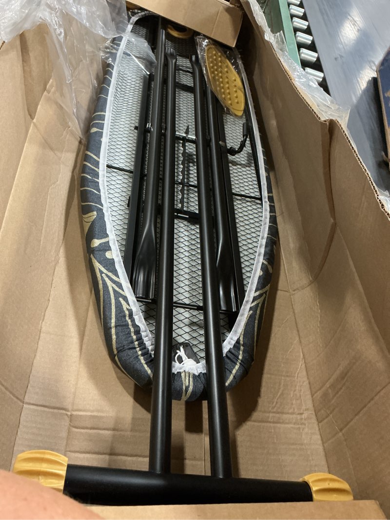 Condition photo showing Good Condition for ironing board 43x13, rainhol full size iron board with thick padded cover, adjustable height, foldable ironing table with hanger, black gold pattern black gold pattern 43"l x 13"w