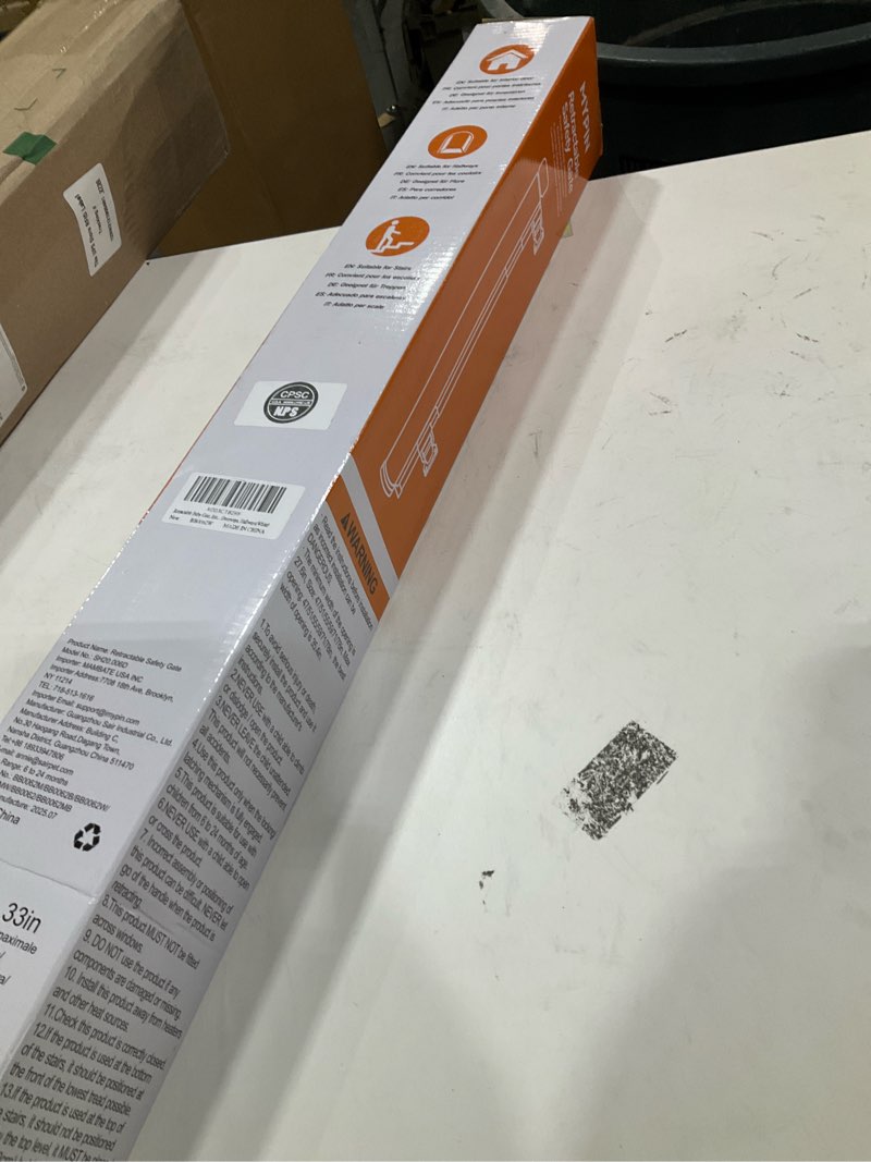 Condition photo showing Good Condition for retractable baby gate, extra wide safety kids or pets gate, 33” tall, extends to 55” wide, mesh safety dog gate for stairs, indoor, outdoor, doorways, hallways 33”x55”- white
