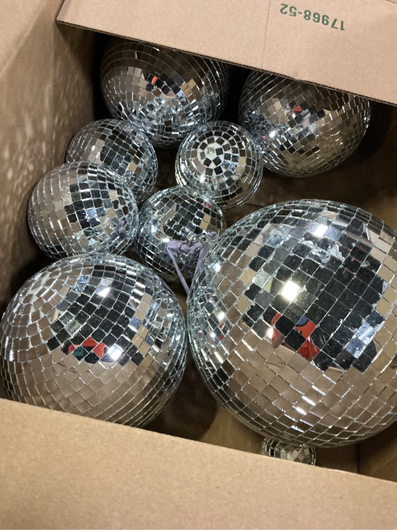 Condition photo showing Good Condition for haull 8 pcs large disco ball set silver mirror disco reflective ball with hanging ring party ornament decoration for stage club ballroom dance hall wedding prom props(8'', 6'', 4'')