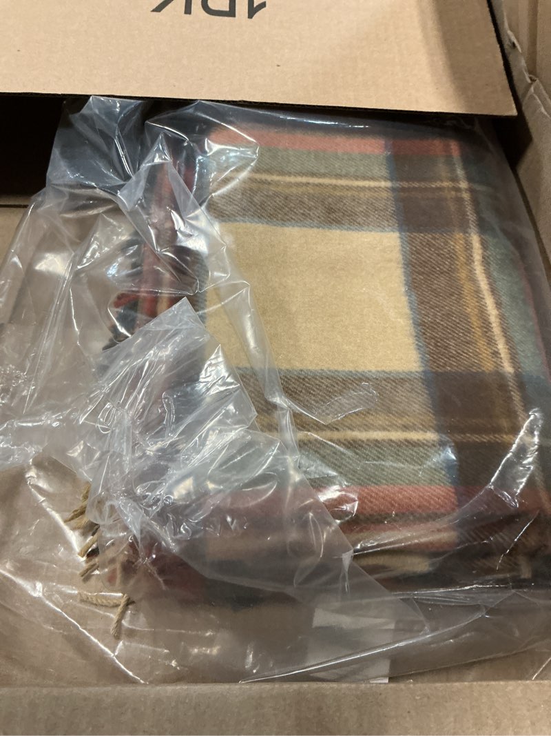 Condition photo showing Good Condition for Moon Wool Plaid Throw Blanket, Merino Labmswool, Tartan Antique Dress Stewart, Made in UK Stewart Tartan