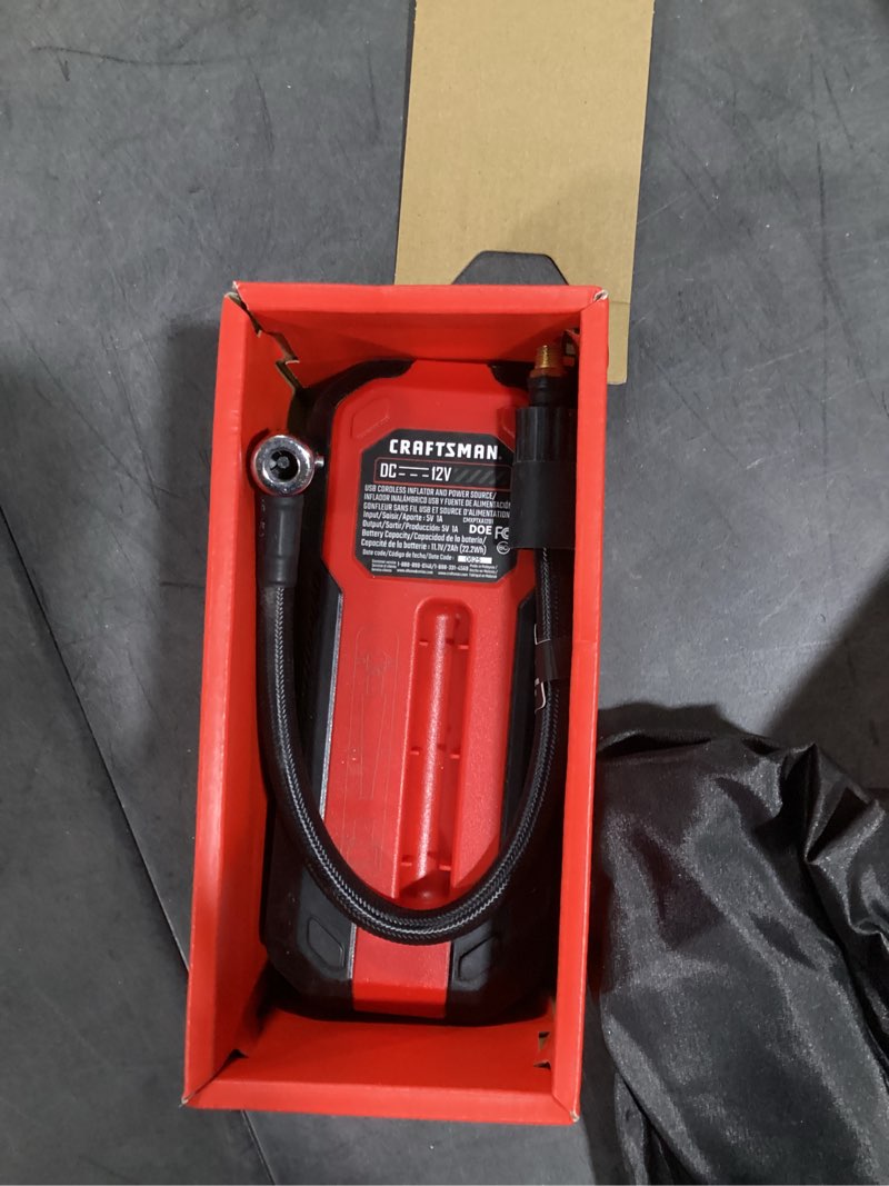 Condition photo showing As Is for craftsman portable 12-volt air inflator (power source: battery)