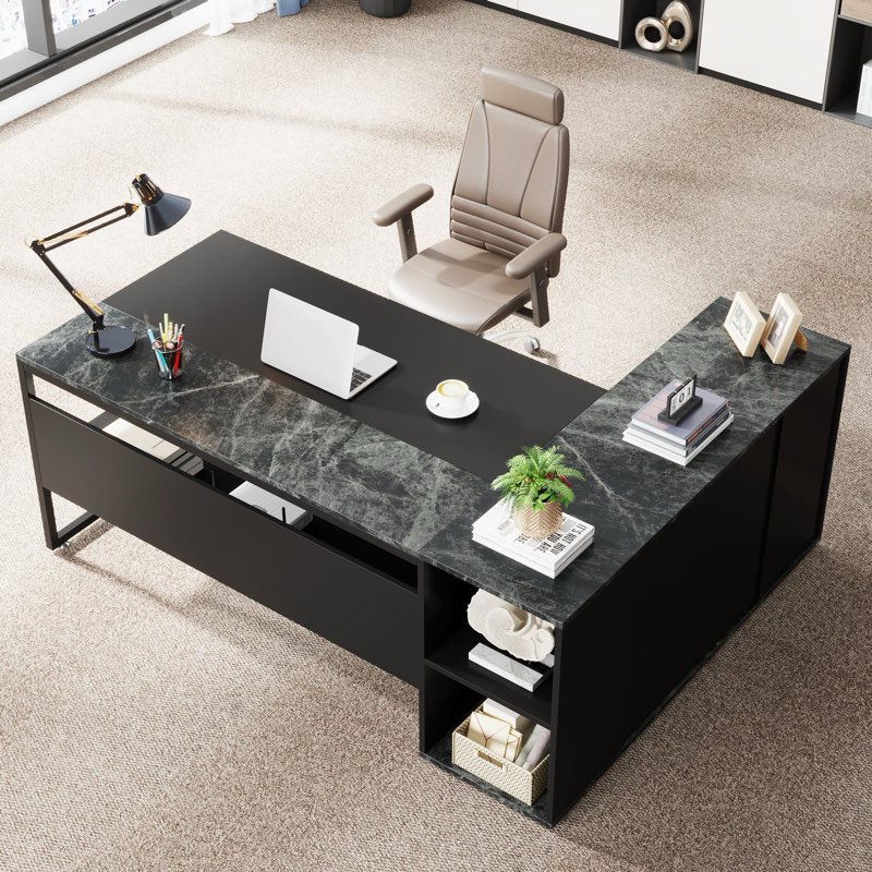 ((incomplete)Home  Large L-Shaped Desk, 71 Inch Executive Desk With Shelves & Cabinet